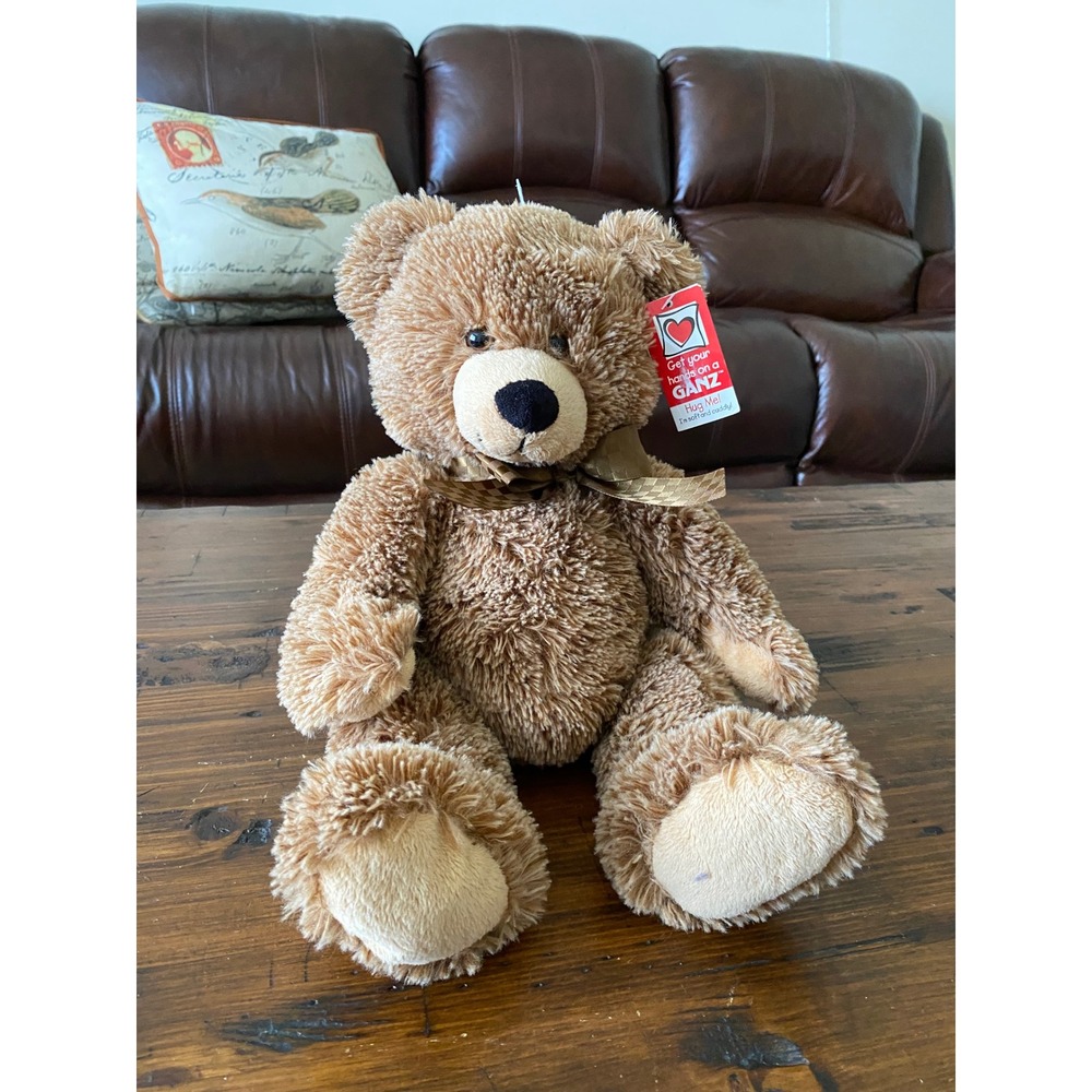 Ganz Maddy Plush Teddy Bear Brown Shaggy Fur Checkered Bow H13844 NWT 12 Inch